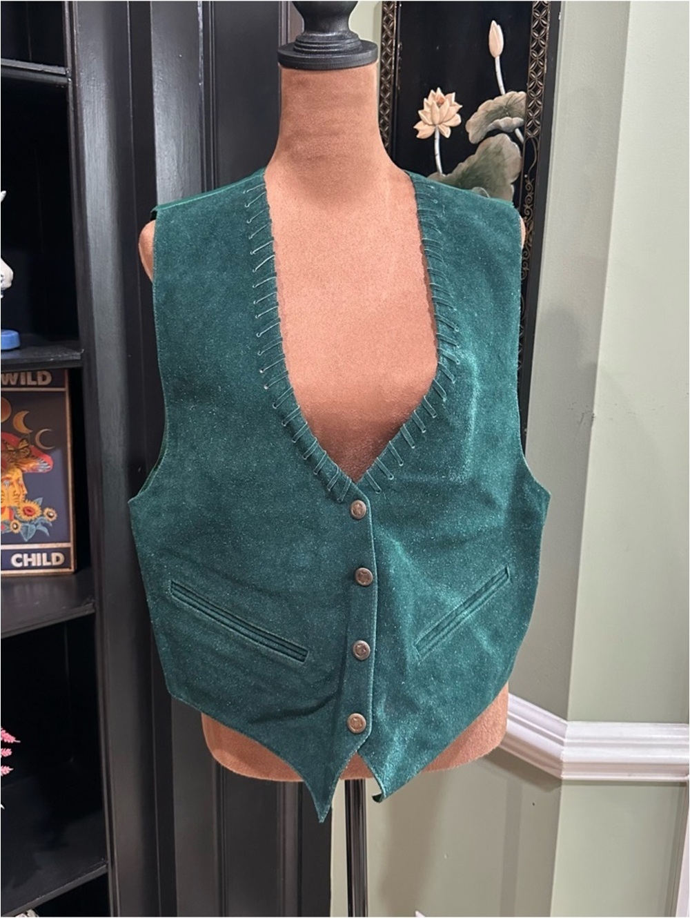Mona Mode Vintage Green Suede Leather Vest â Western Stitching â Size Medium